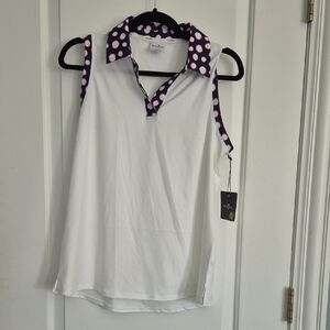 White Sleeveless Top with Pink Polka Dot Collar